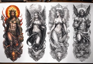 heaven with angels, hell with demons, full arm sleeve tattoo idea