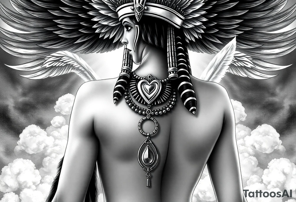 Beautiful Egyptian goddess with a curvy body and breasts showing. She is wearing an ostrich feather headdress, and intricate ancient Egyptian jewelry the Anhk necklace. Background includes something similar to heaven. Incorporate the Scales of Justice—one side holding a heart, the other Ma’at’s feather—glowing with ethereal energy. Emphasize dramatic lighting, deep shadows, and surreal, mystical atmosphere tattoo idea