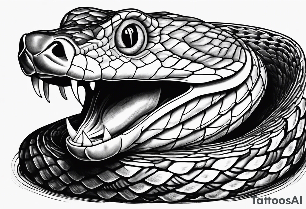 Copperhead coiled up with head turned up and mouth open and copper colored eyes tattoo idea