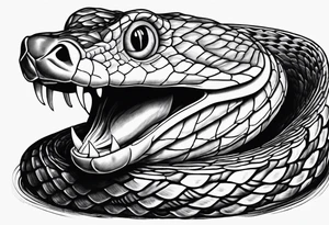 Copperhead coiled up with head turned up and mouth open and copper colored eyes tattoo idea