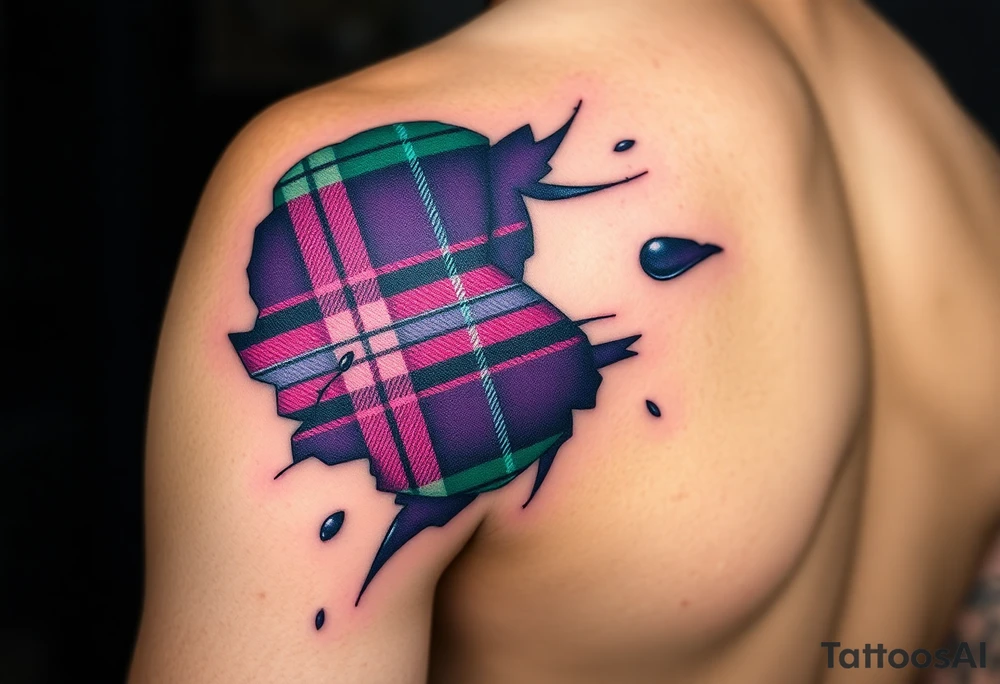 Dark Purple with green pink blue and white highlights tartan fabric on bicep with skin ripping away to reveal tartan underneath tattoo idea