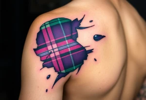 Dark Purple with green pink blue and white highlights tartan fabric on bicep with skin ripping away to reveal tartan underneath tattoo idea