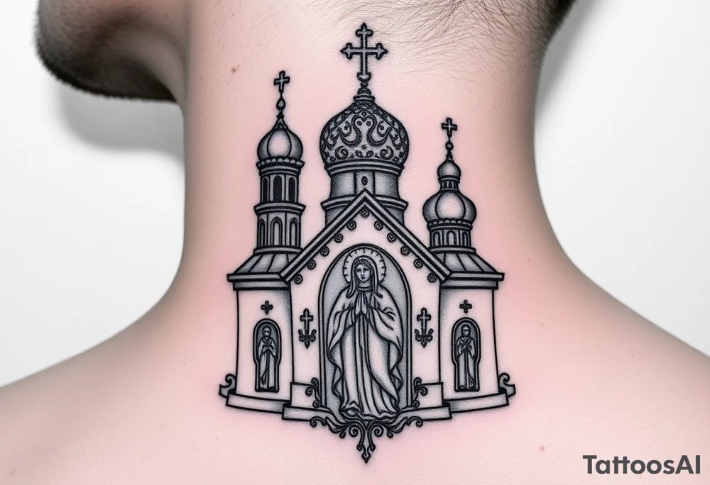 medium traditional russian orthodox church with a russian coat arms and virgin mary tattoo idea