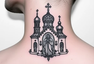 medium traditional russian orthodox church with a russian coat arms and virgin mary tattoo idea