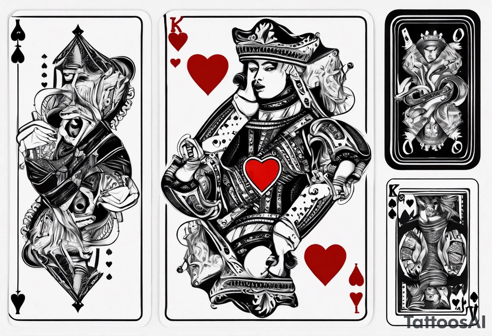 King of heart playing card with the queen of heart playing card around his arm tattoo idea