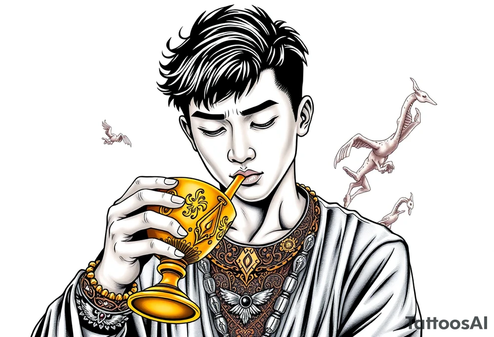 Handsome Asian young guy is drinking from medieval golden cup tattoo idea