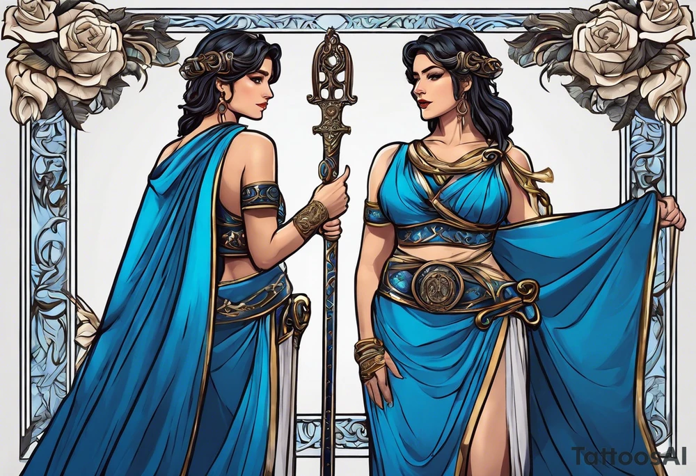 ancient rome clothes women, with Libra in one hand and a sword in the other, blue rose frames, justicia tattoo idea