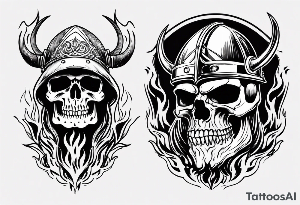 Skull head with viking hat and flames tattoo idea