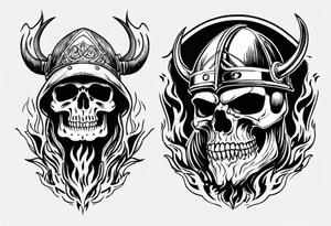 Skull head with viking hat and flames tattoo idea