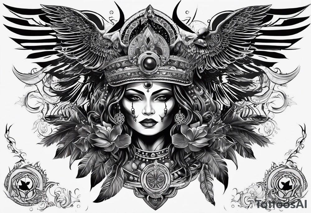 black kali, goddess pirate, alien, pachamama, valkrye, warrior, skull, lotus azul, wing, eagle, zenza resonance, stars, one side chest tattoo idea