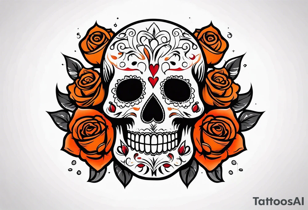 Sugar skull with roses that are orange and red with smoke around it tattoo idea