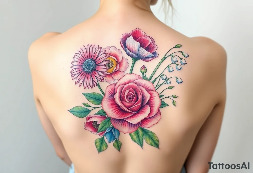 Bouquet of flowers starting upper middle back with stems down spine with a aster, carnation, rose, Lily of the valley, larkspur with stems Starting upper middle back to right shoulder tattoo idea