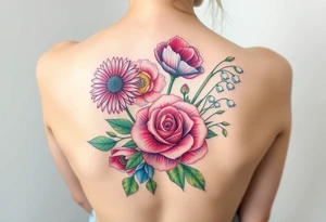 Bouquet of flowers starting upper middle back with stems down spine with a aster, carnation, rose, Lily of the valley, larkspur with stems Starting upper middle back to right shoulder tattoo idea