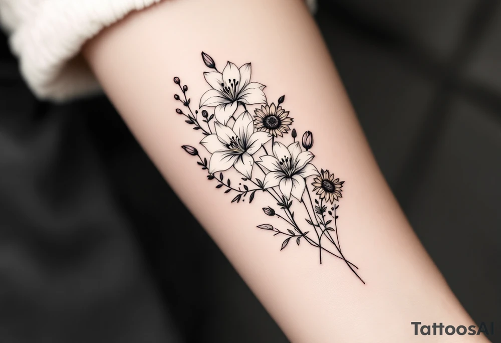 Dainty Stargazer lillies with small sunflowers and tulip buds in a dainty wildflower bouquet with stems tattoo idea