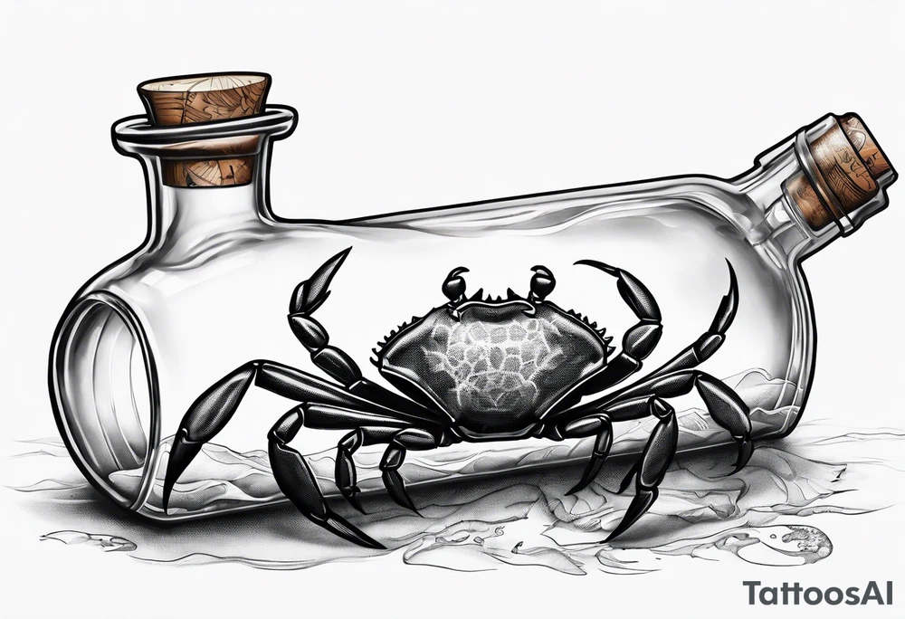 A message in a bottle. Rolled up map inside the bottle. crab outside protecting the bottle. tattoo idea