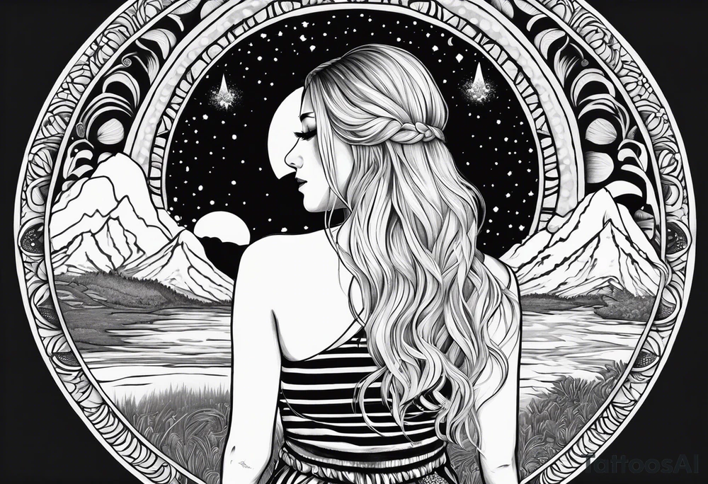 Straight blonde hair girl facing away toward mountains surrounded by mushrooms crescent moon mandala circular design black and white striped dress "8" tattoo idea