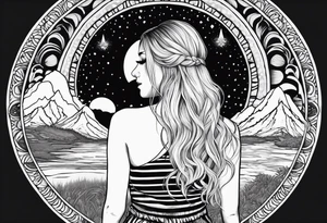 Straight blonde hair girl facing away toward mountains surrounded by mushrooms crescent moon mandala circular design black and white striped dress "8" tattoo idea