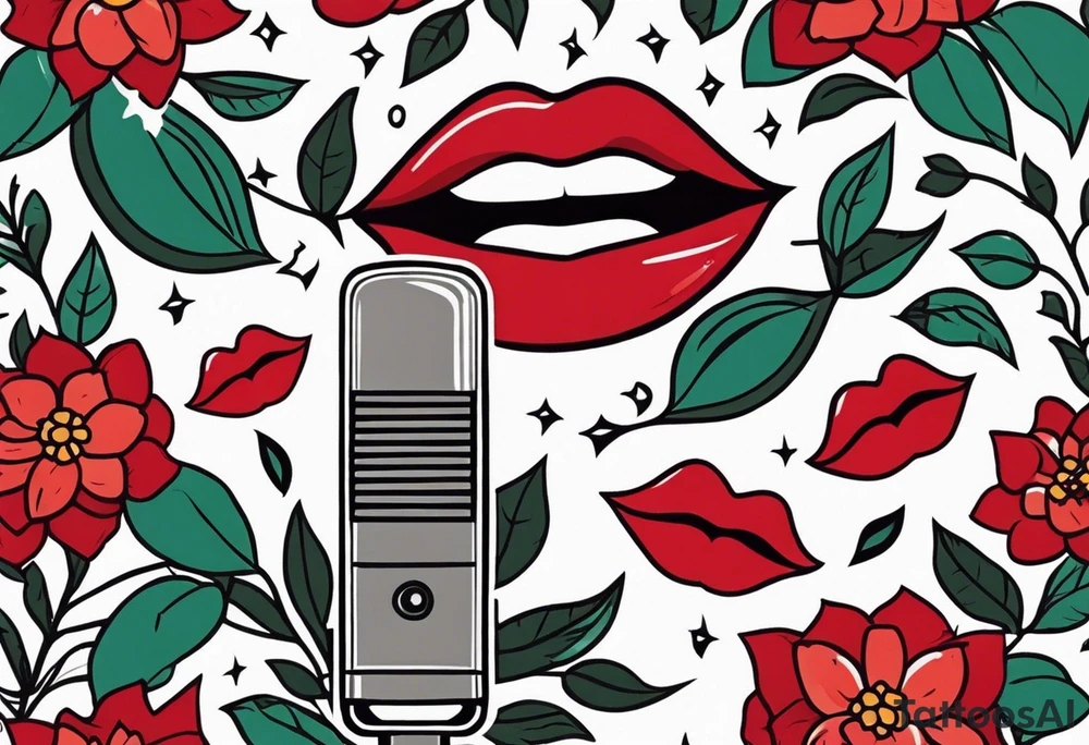 lips singing old school vintage traditional
flowers around and mouth next to microphone
bold and colorful simple design tattoo idea