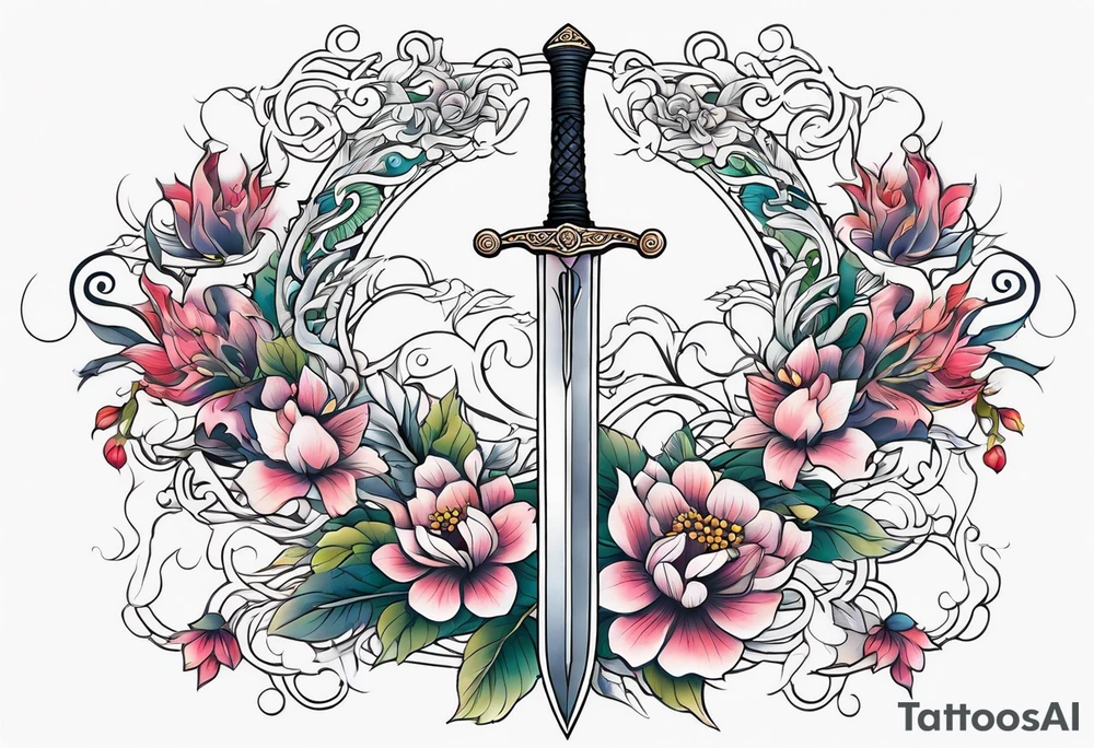 a sword with vines and flowers wrapped around it tattoo idea