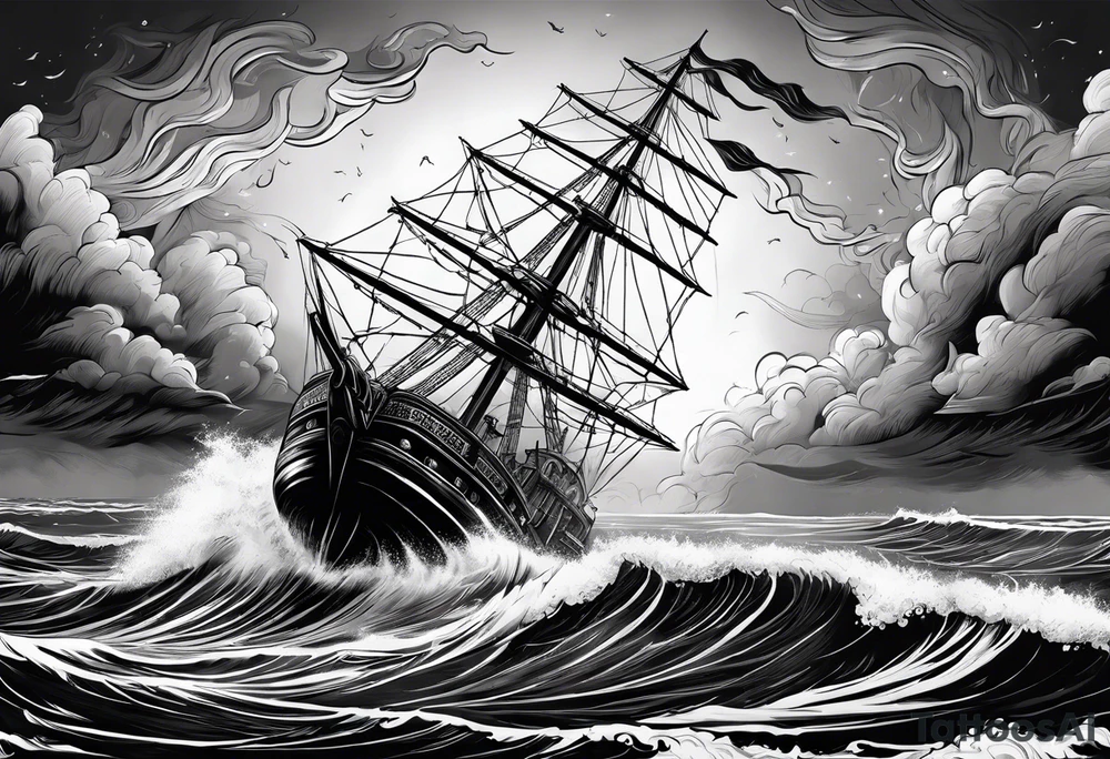 Delicate junk boat on the sea with storm clouds and lightning tattoo idea