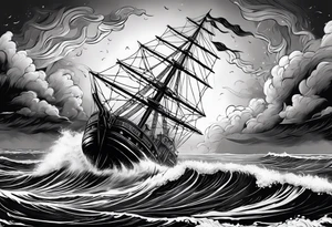 Delicate junk boat on the sea with storm clouds and lightning tattoo idea