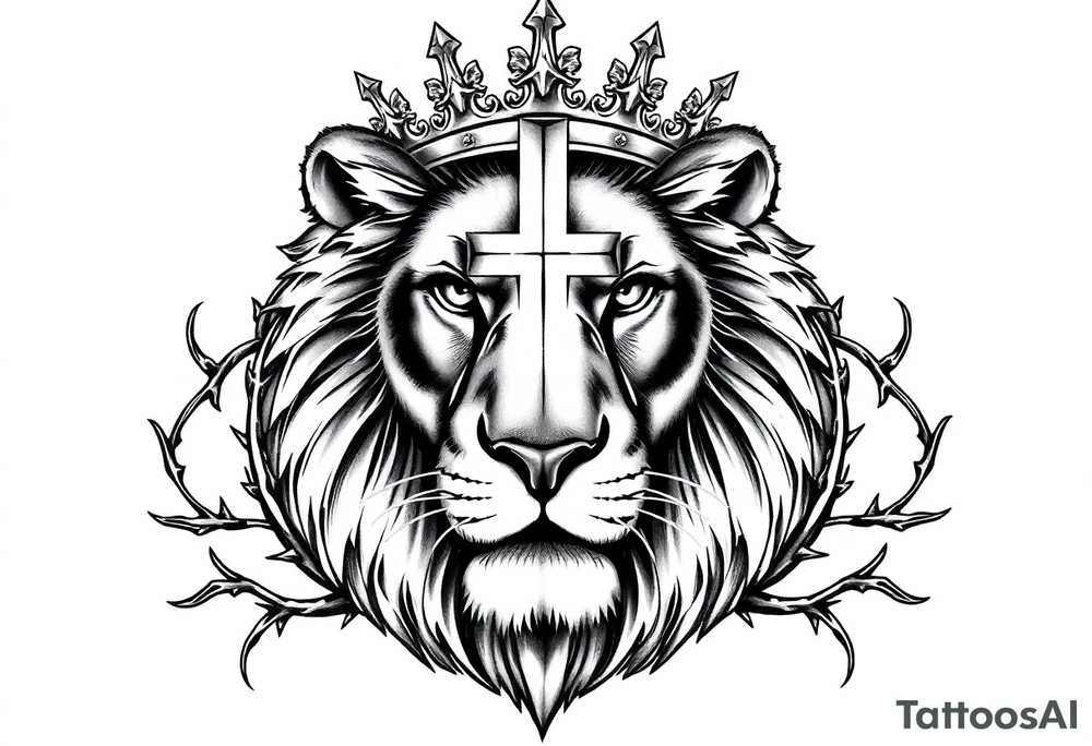 Powerful majestic lion facing forward, intense gaze, wearing a royal crown, ultra-detailed black and grey realism tattoo style.
Ornamental thorn designs wrapping around and framing the lion, symmetrical and elegant.
A Christian cross in the background, centered and vertical, partially hidden behind the lion’s head and mane, only the edges and tips of the cross visible.
High contrast, clean linework, fine shading, tattoo-ready design, masculine, regal, spiritual symbolism, chest/back tattoo composition, no color, no text. tattoo idea