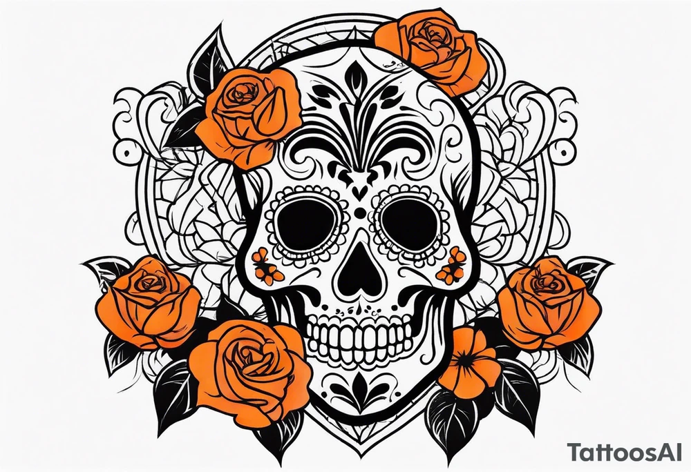 Sugar skull with roses that are orange and black tattoo idea