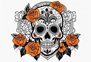 Sugar skull with roses that are orange and black tattoo idea