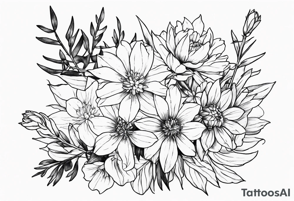 Larkspur and aster bouquet tattoo idea