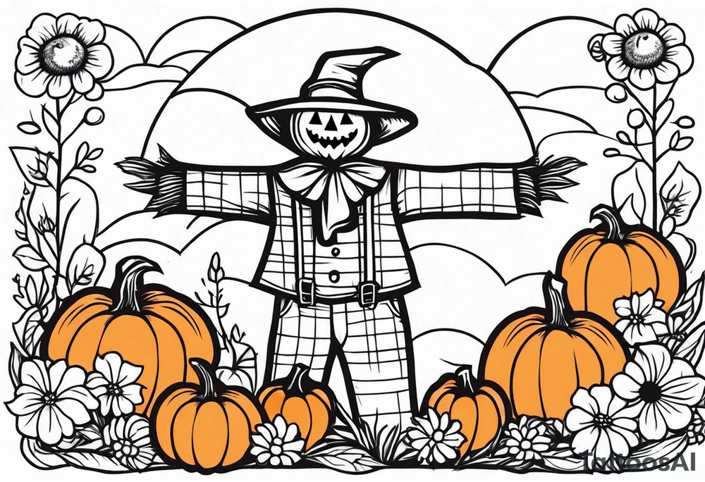 friendly scarecrow with pumpkins and flowers tattoo idea