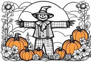 friendly scarecrow with pumpkins and flowers tattoo idea