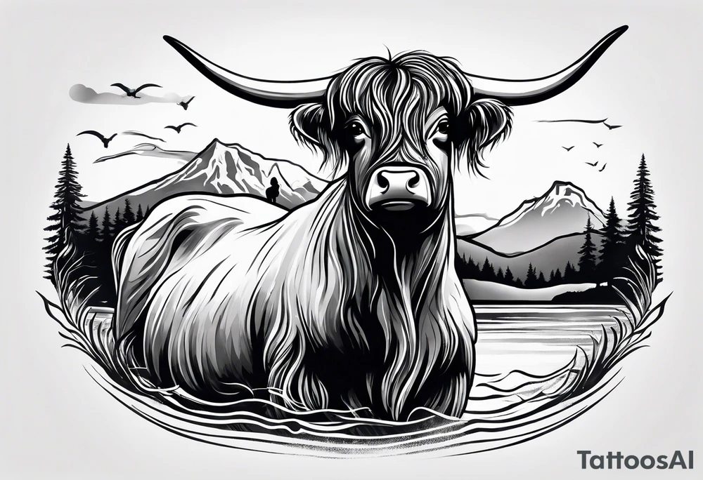 Nessie being ridden by a highland cow tattoo idea