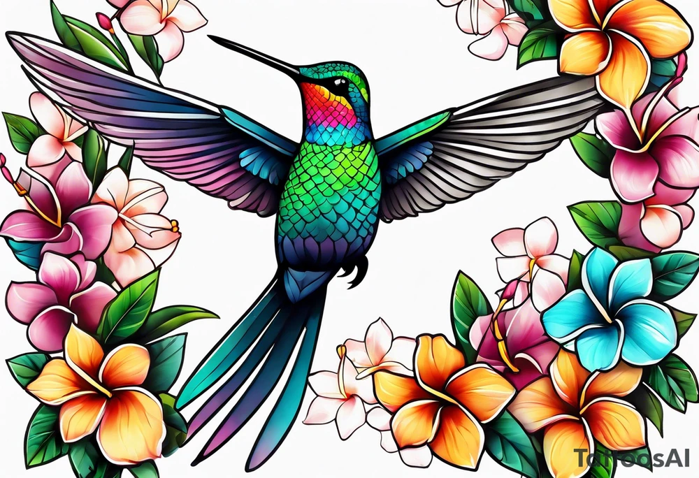 Hummingbird with a plumeria masculine style colorful tattoo idea