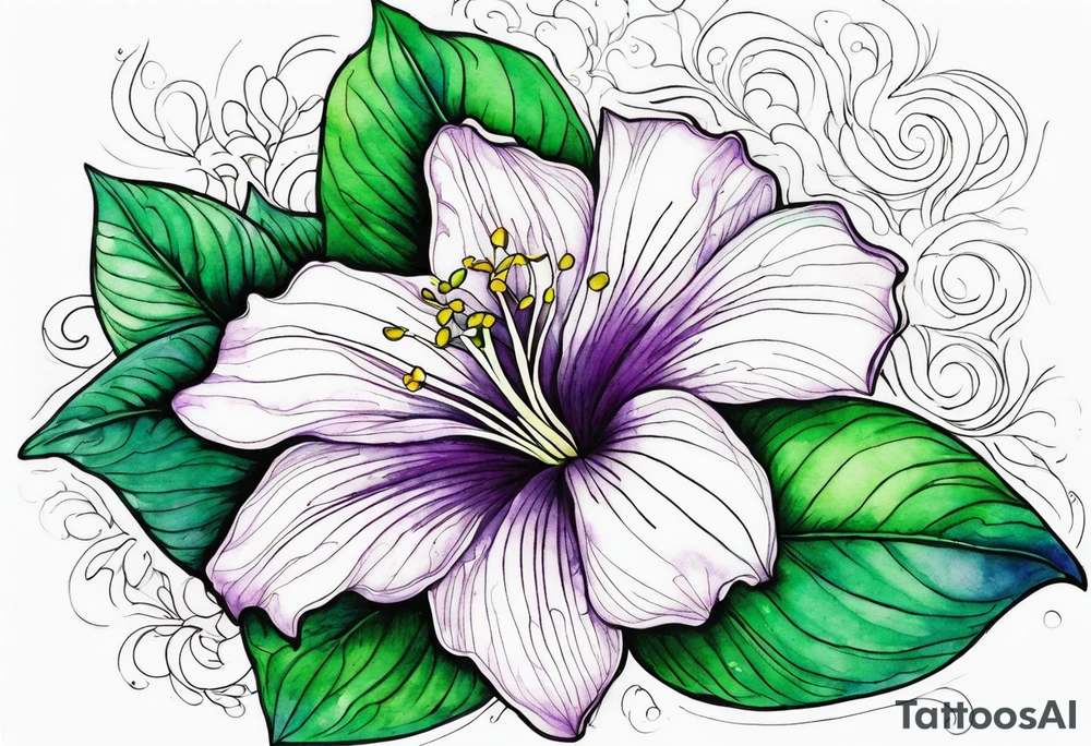 An outline of a rio dipladenia flower with a green and purple watercolor background tattoo idea
