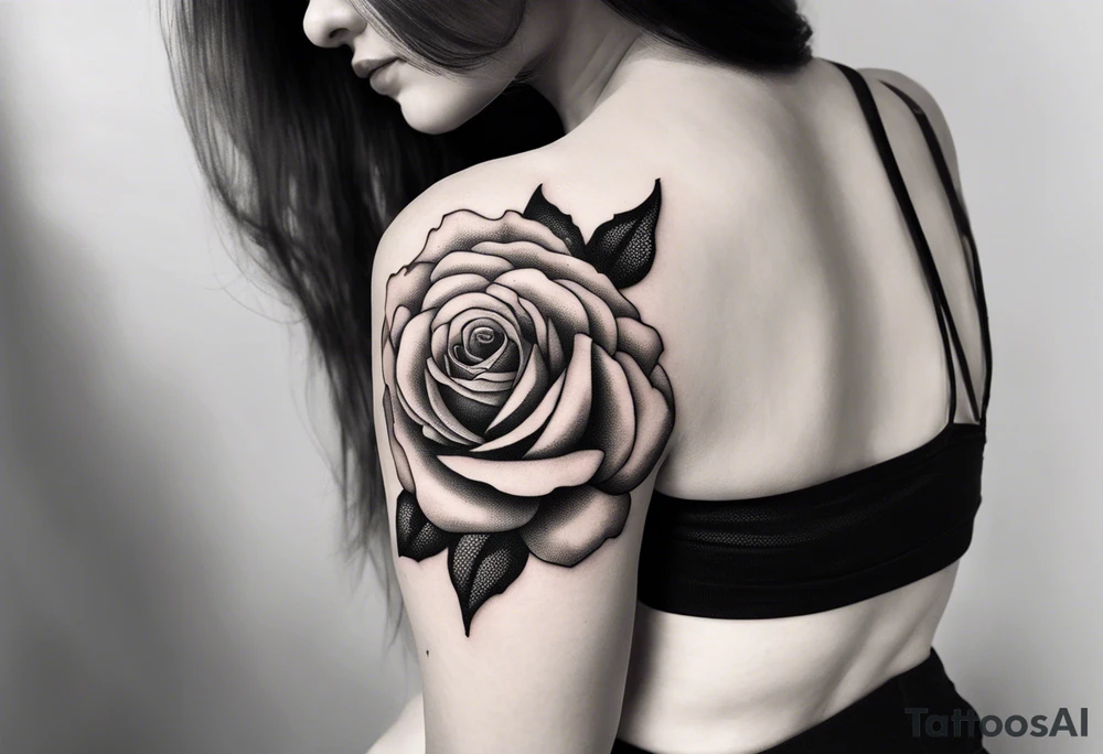 Bloomed rose attached with female body, kneeling tattoo idea