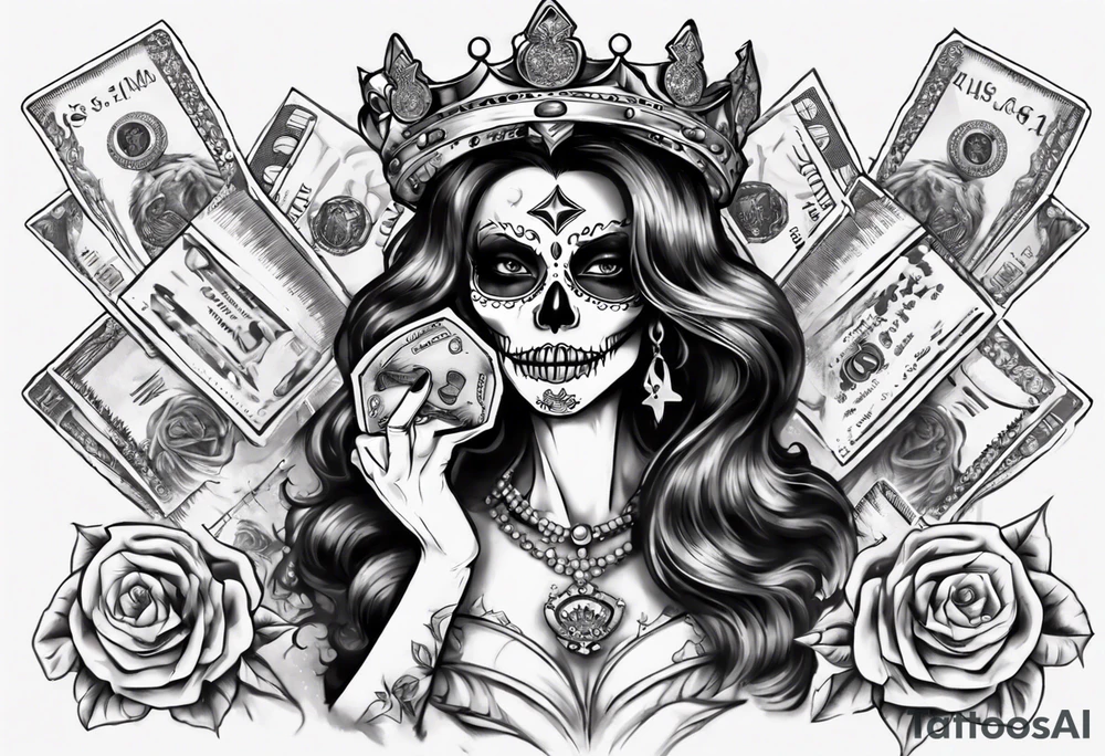santa la muerta with money and crown
on the card tattoo idea
