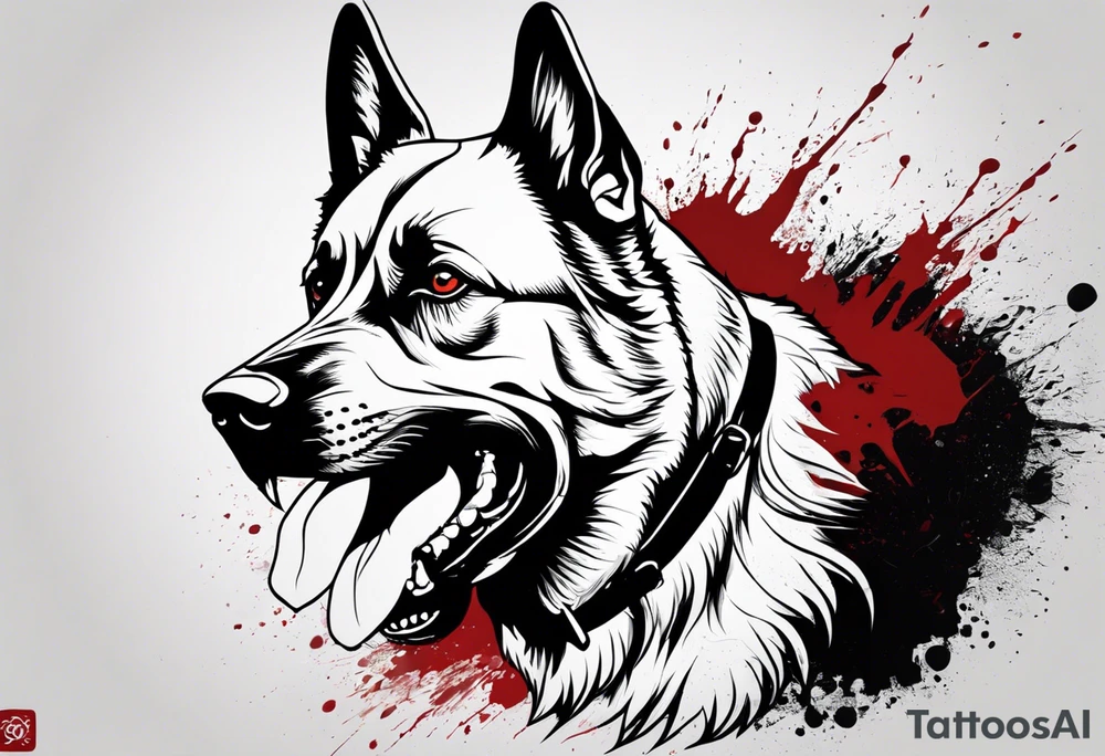 Create aggressive, vicious dog, with some blood coming out of his mouth and saliva. Make it a drawing and use the image of reference. I am going to add. I want HIM TO BE ANGRY WITH RED EYES use VICIOUS German shepherd tattoo idea