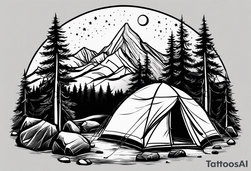 tent and camp fire with stone seating 
forest mountains and the northern lights in the sky tattoo idea