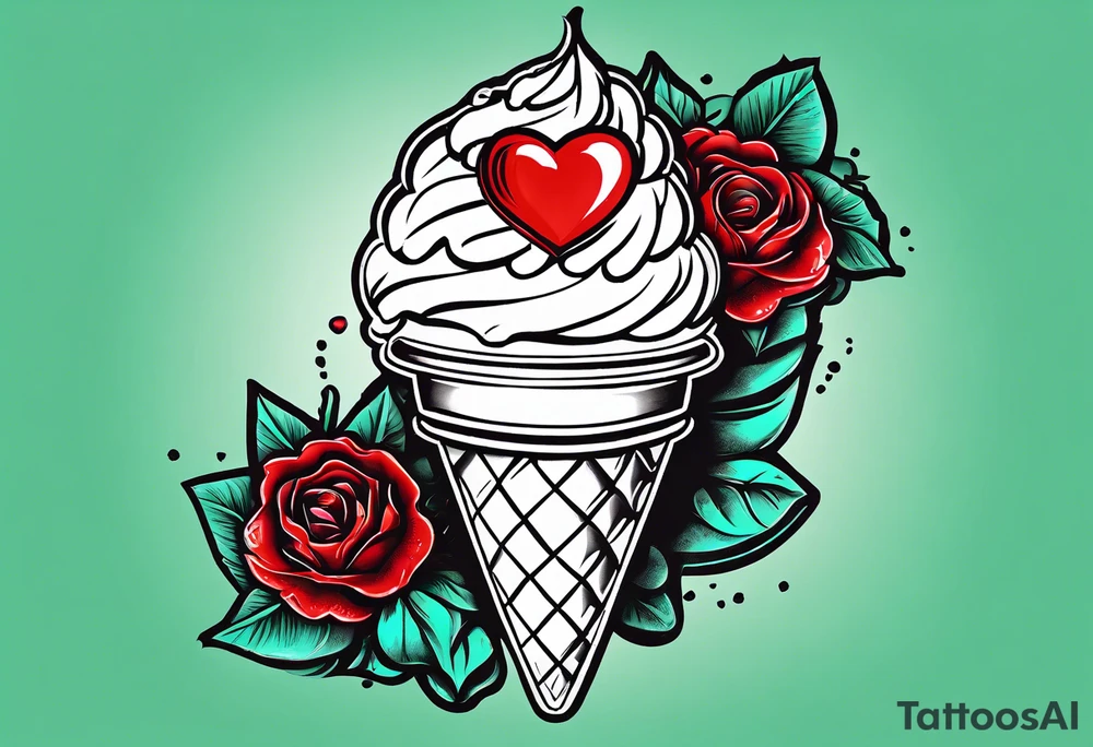 simple mint chocolate chip ice cream cone with small red heart on it somewhere. tattoo idea