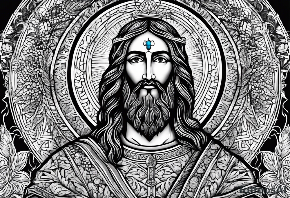 flat stern byzantine Christ with all-demanding eyes with a halo made of peacock feathers and pecan trees tattoo idea