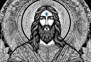 flat stern byzantine Christ with all-demanding eyes with a halo made of peacock feathers and pecan trees tattoo idea