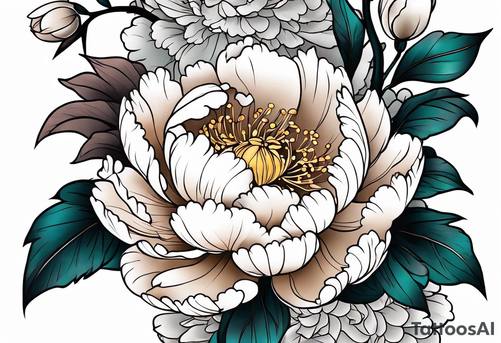 Shoulder and forearm tattoo for woman. Japanese style peony flowers bunch with stems extended to the forearm. Lightly coloured. Thin lines. tattoo idea