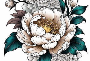 Shoulder and forearm tattoo for woman. Japanese style peony flowers bunch with stems extended to the forearm. Lightly coloured. Thin lines. tattoo idea