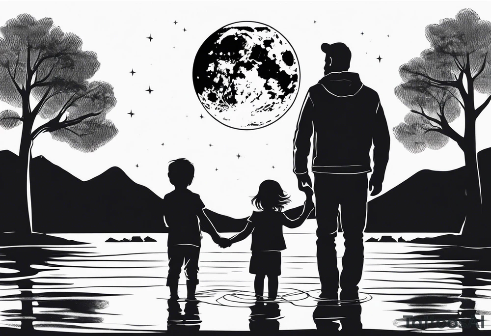 Father in between 6 year old daughter and 2 year old son. Standing in front of water with their reflection with tree beside them and mountains in the background. Moon in the sky reflecting in the water tattoo idea