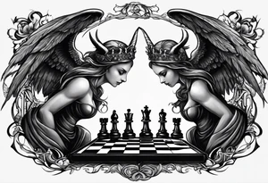 Depict an angel and devil engaged in a chess game, with the chessboard reflecting the cosmic battleground between good and evil, symbolizing the strategic nature of the eternal conflict. tattoo idea