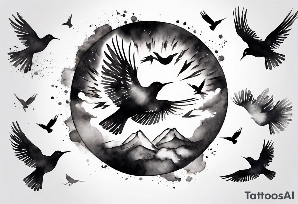 shoulder tattoo with light rays with birds flying free among the clouds, round shape, 3d effect tattoo idea