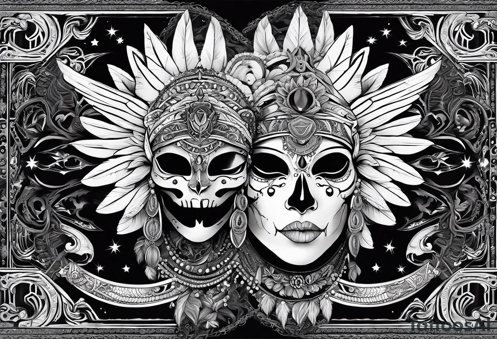 black kali, goddess pirate, alien, pachamama, valkrye, warrior, skull, lotus azul, wing, eagle, zenza resonance, stars, 5D tattoo idea