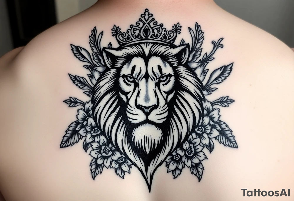 powerful majestic lion with a crown, surrounded by floral ornaments and birds tattoo idea