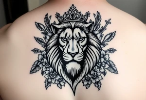 powerful majestic lion with a crown, surrounded by floral ornaments and birds tattoo idea