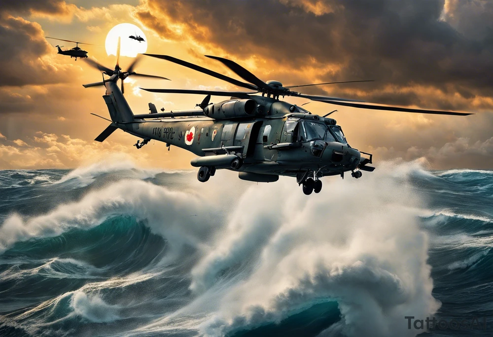 A cinematic-style tattoo depicting a Canadian military Cyclone helicopter performing a daring maneuver over a turbulent ocean. The sky should be filled with dramatic clouds, and the sun should be setting, casting long shadows. The helicopter should be the main focus, with intricate details and a sense of motion. In the background, a poppy should be prominently displayed, and a quote from 'Lest We Forget' should be included, black and white tattoo tattoo idea